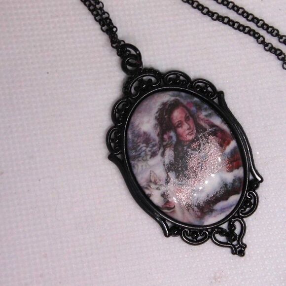 Native Tribal Maiden Wolf Porcelain Cameo Necklace - Picture 5 of 9